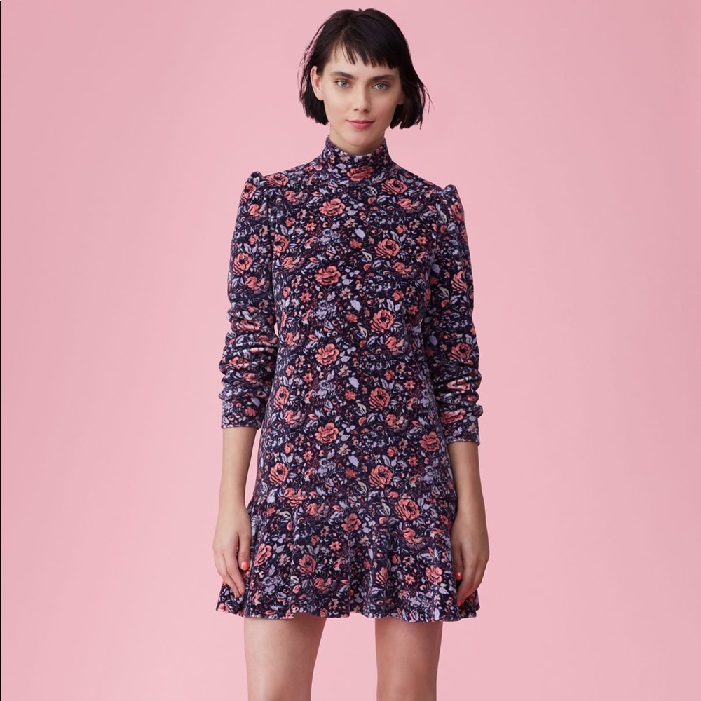 Rebecca Taylor Navy Floral Mock-Neck Long-Sleeve Mini Dress